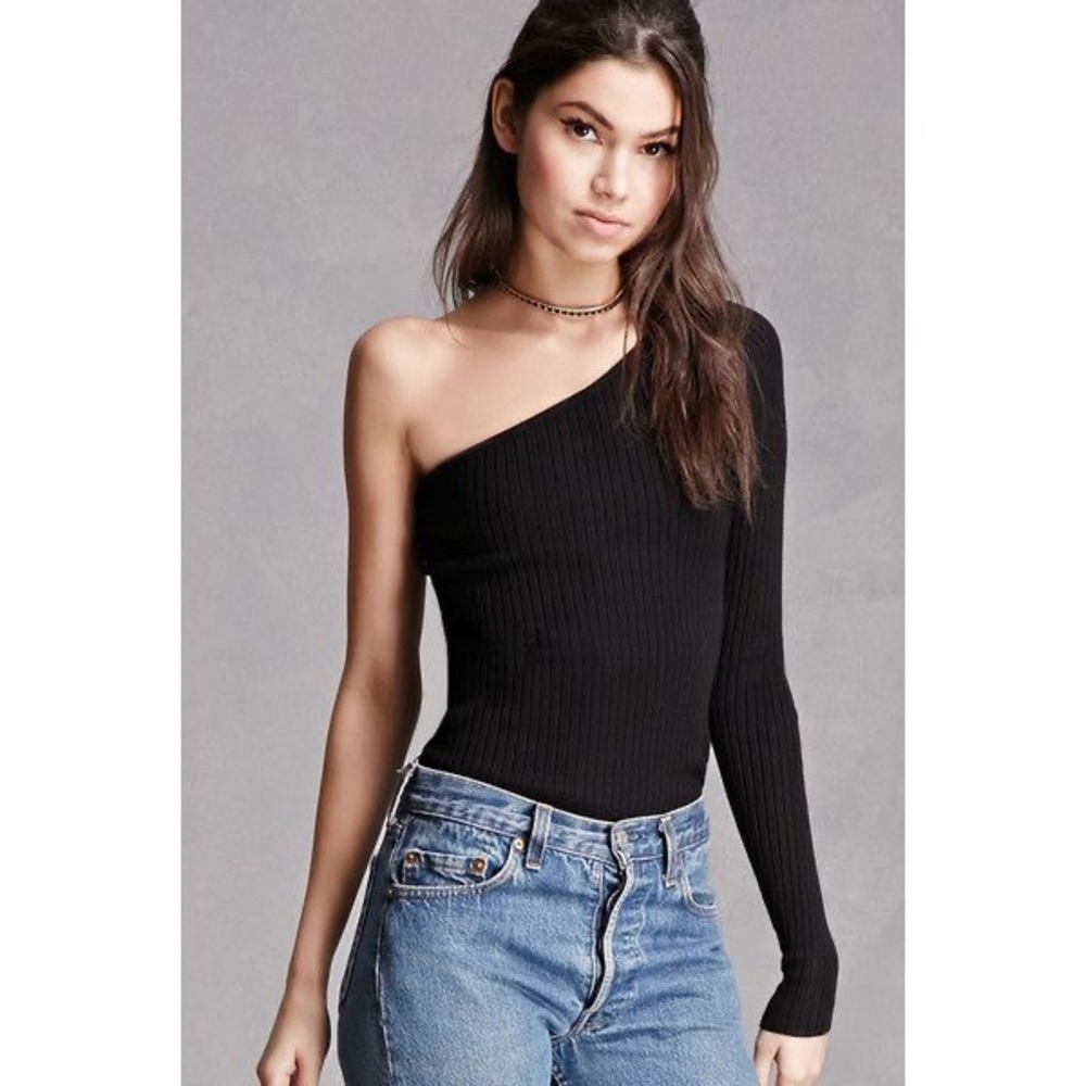 Forever 21 Long Sleeve One Shoulder Black Top